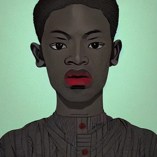 Prompt: upper half - claymation portrait - of a nigerian boy, art style by utagawa kunisada & james jean, symmetrical, intricate detail, caricature, concept art, volumetric light, ray tracing, sharp, smooth, pinterest, behance, art station,