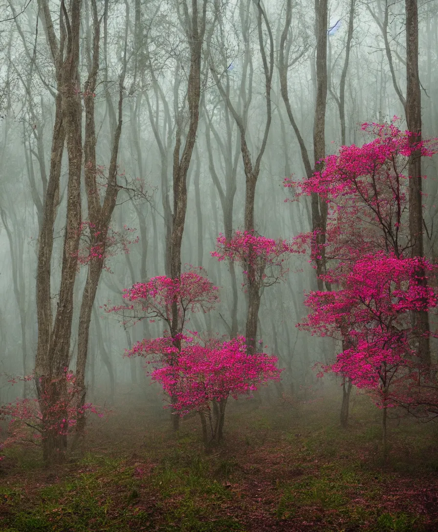 Prompt: a mysterious, foggy forest with haunted trees and colorful flowers