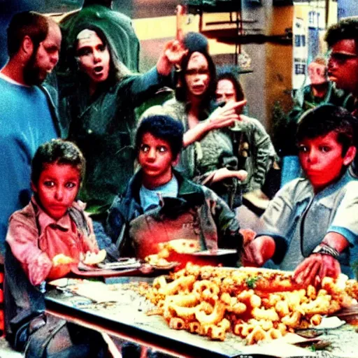 Image similar to refugees from a dystopian future escape over a never ending barricade of mac n' cheese. Drones shoot at them from the sky. Photograph from big budget science fiction 1980s movie.