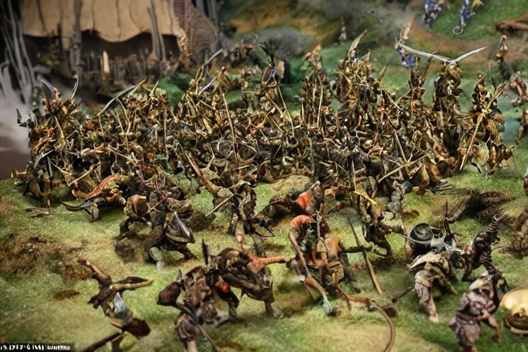 Prompt: photo taken of an epic intricate, ultra detailed miniature modular, battlefield diorama created by weta workshop, zoomed in shots focussing an army of high elves battling a horde of orcs, with highly detailed exquisitely painted 3 d printed characters, cinematic wide shot, photorealistic, sharp focus, f 0. 4, low angle shot, macro, golden ratio, golden hour