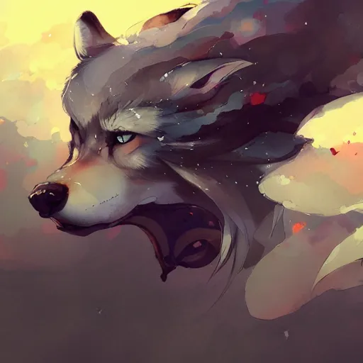 Image similar to concept art of anthropomorphized wolf night sky themed, highly detailed painting by dustin nguyen, akihiko yoshida, greg tocchini, 4 k, trending on artstation, 8 k