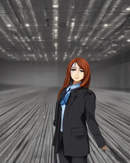 Prompt: Digital presidential anime art of Maria Fernanda Cabal by A-1 studios, serious expression, empty warehouse background, highly detailed, spotlight