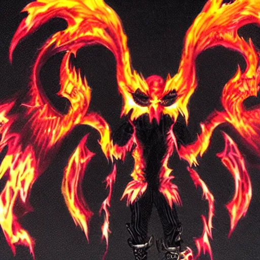 Prompt: Full flaming demon bat wings on black background