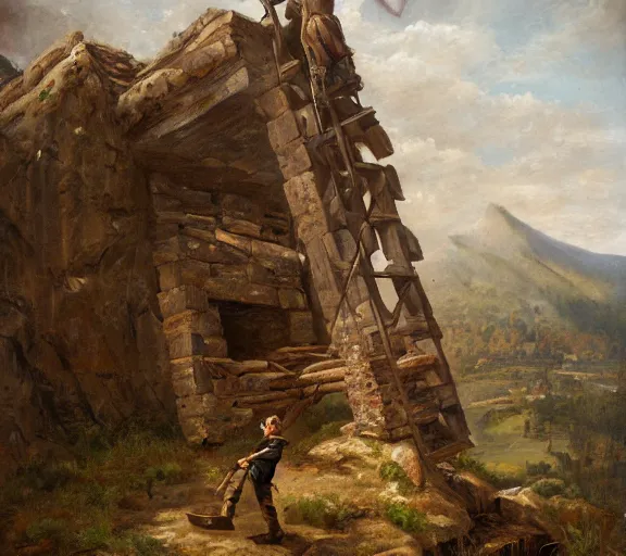 Image similar to landscape portrait of a man working on a building out of hand hewn brimstone, all alone by william sidney mount, trending on artstation