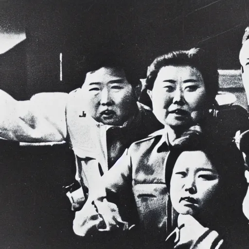 Prompt: rare vintage footage of Godzilla, Choi Eun-hee and Kim Jong-il, obscured underexposed view