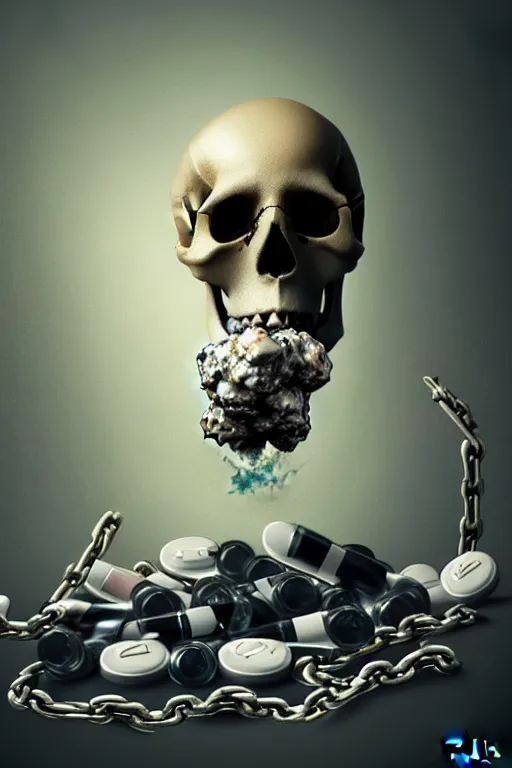 Image similar to pile Off pills and a skull on the table, skull made out of smoke coming out of pills, fantasy, intricate, elegant, highly detailed, digital painting, artstation, concept art, addiction, chains, backround as room full of garbage, smooth, sharp focus, illustration, art by Ilja Repin