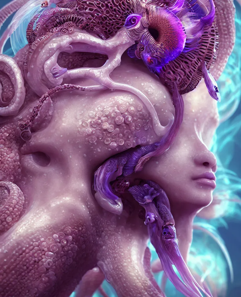 Image similar to goddess princess face close-up portrait ram skull. jellyfish phoenix head, nautilus, orchid, skull, betta fish, bioluminiscent creatures, intricate artwork by Tooth Wu and wlop and beeple. octane render, trending on artstation, greg rutkowski very coherent symmetrical artwork. cinematic, hyper realism, high detail, octane render, 8k