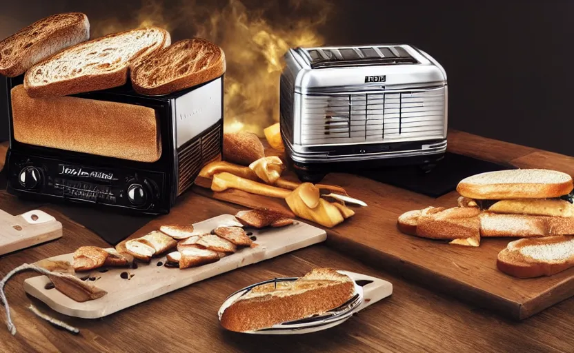 Image similar to a time-traveling delorean styled toaster with toast, bread inserted into slot, professional product shot, magazine ad