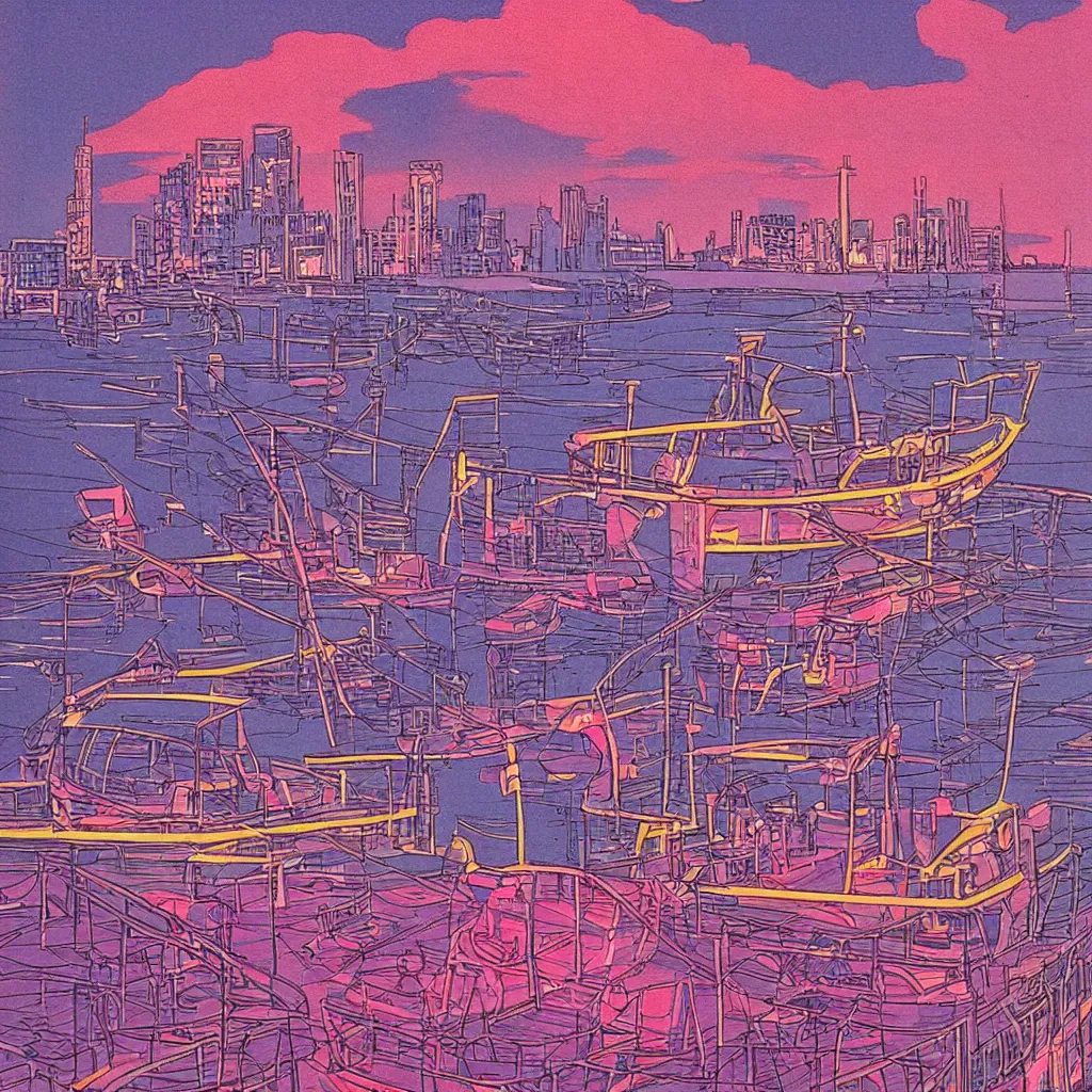 Image similar to the city lights were bright pink and orange and shone overhead. the harbour looked beautiful the sun reflecting off of the water and the neon lights of the city gave of a warm feeling, a fishing boat in first plan, by moebius