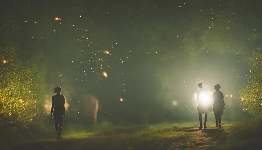 Image similar to a couple walking in the middle of fireflies the color of the moon, cinematic lighting, wow, establishing shot