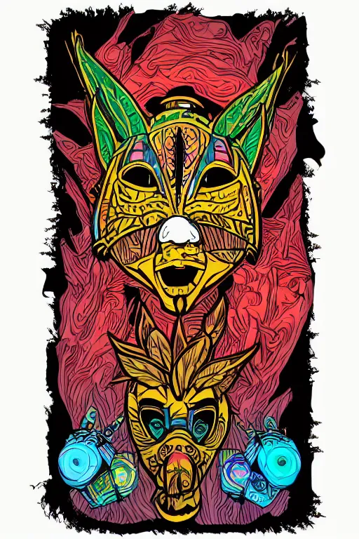 Image similar to animal mask totem roots flower tribal feather gemstone plant wood rock shaman vodoo video game vector cutout illustration vivid multicolor borderlands comics by josan gonzales and dan mumford radiating a glowing aura