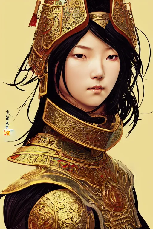 Image similar to beautiful and luxury and holy and elite and colorlpunk young three kingdom chinese female armor knight portrait +shinnyy eyes+front face with light flowing hair, ultradetail face, art and illustration by tian zi and craig mullins and WLOP and alphonse mucha, fantasy, intricate complexity, human structure, human anatomy, fantasy character concept, watermark, blurry, hyperrealism 8k
