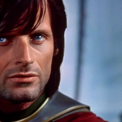 Image similar to A still of Aragorn on Star Trek: The Original Series, red shirt, sharp focus, high quality, very realistic, 4k