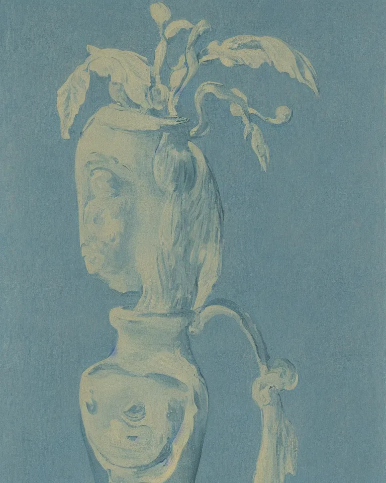 Image similar to achingly beautiful close up print of one painted ancient greek vase on baby blue background by rene magritte, monet, and turner. symmetrical, shaded.