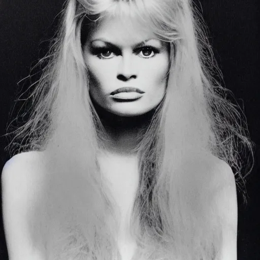 Image similar to stunning symmetrical portrait of beautiful brigitte bardot in front of a tall moog synthesizer, high contrast grainy blank and white photography print ilford warm tone, huge modular synthesizer