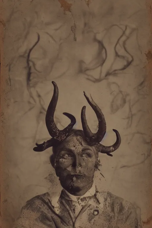 Prompt: portrait of demon with horns, old vintage photography, damaged photo, film artifacts, scratches, tears, hyperrealistic, ultra detailed, 4 k