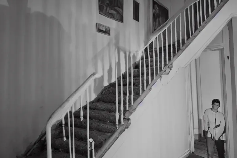 Prompt: standing at the top of stairs in a house, looking down over the shoulder at the ghost of a man at the bottom