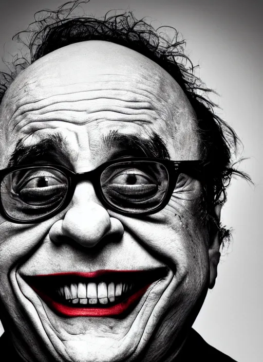 Image similar to photo of Danny Devito as the Joker by Lee Jeffries, head shot, detailed, award winning, Sony a7R