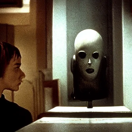 Prompt: Possession (1981) movie by Andrzej Żuławski, movie still, robot head and man head looking to the side, dop