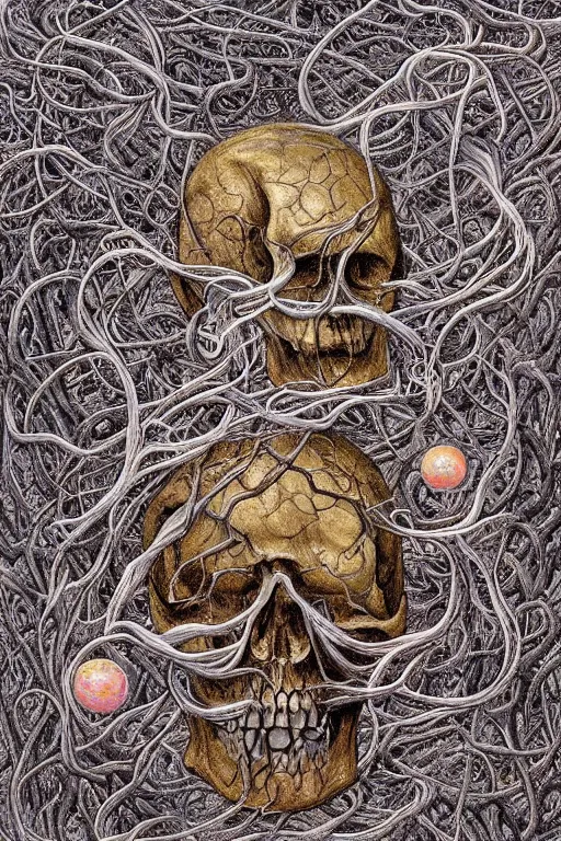 Image similar to Floating skull shaped island made of vines and earthart by visionary artist peter gric in hyperdetailed surreal fantastic style. Floating skull by hannah yata in visionary-psychedelic style earthart skull generative artwork by midjourney. Spiritual shamanic artifact skull decorated with gems and gold by billelis polished ominous photorealistic mysterious intricate hyperdetailed galactic expansive ethereal elemental detailed complex Earthart skull collage generated in discodiffusion or dall-e2 trending on Artstation hyperdetailed 8k resolution concept art 64 megapixels 8K resolution depth of field DSLR subtractive lighting tilt-shift wide-angle lens Skull made of smaller skulls made of smaller skulls surrealist fractal art gigapixel resolution 8K 3D | CGSociety | volumetric light | lightrays | smoke | cinematic | atmospheric | octane render | insanely detailed and intricate | hypermaximalist | elegant | ornate | luxury | elite | Floating skull hyperdetailed insanely complex artwork by psikodelicious art & design | gigapixel render | visions of chaos | midjourney | discodiffusion | complex hyperdetailed fantastic realism artwork made with dall-e2