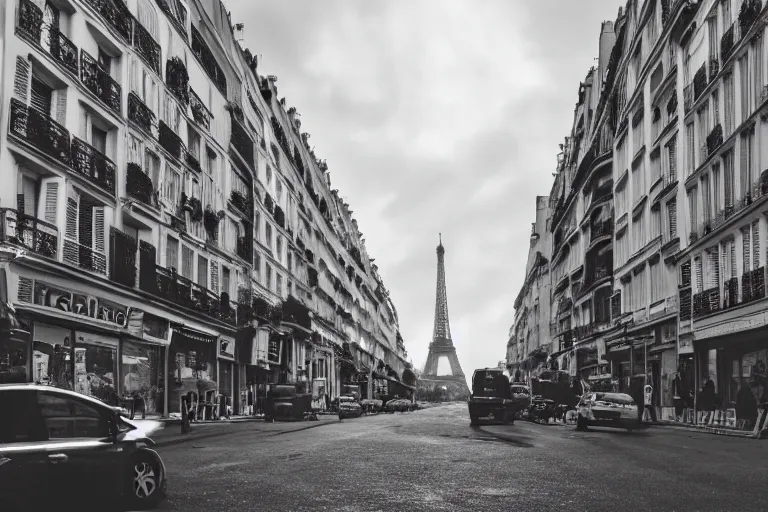 Image similar to photo of the streets of Paris under American domination, US colonization, military occupation, dystopia, science fiction, highly detailed, super realistic, cinematic, intense lighting, apple logo, flags, American military cyborgs, French paranoia