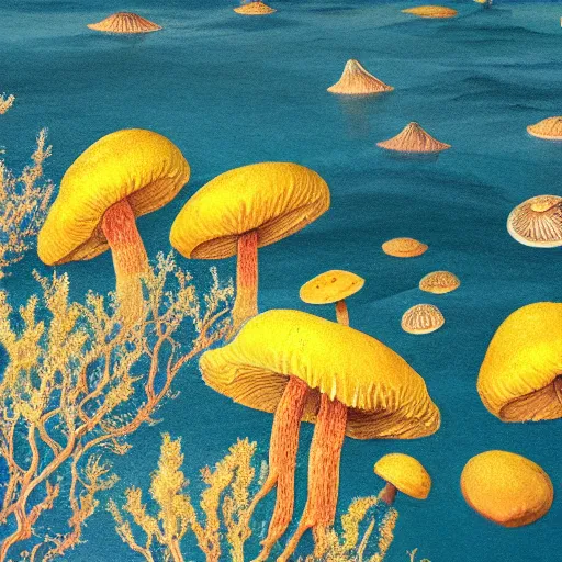 Prompt: a beautiful detailed matte painting of seaweed growing out of strange School bus yellow mushrooms, pattern, fractals, moebius, trending on artstation