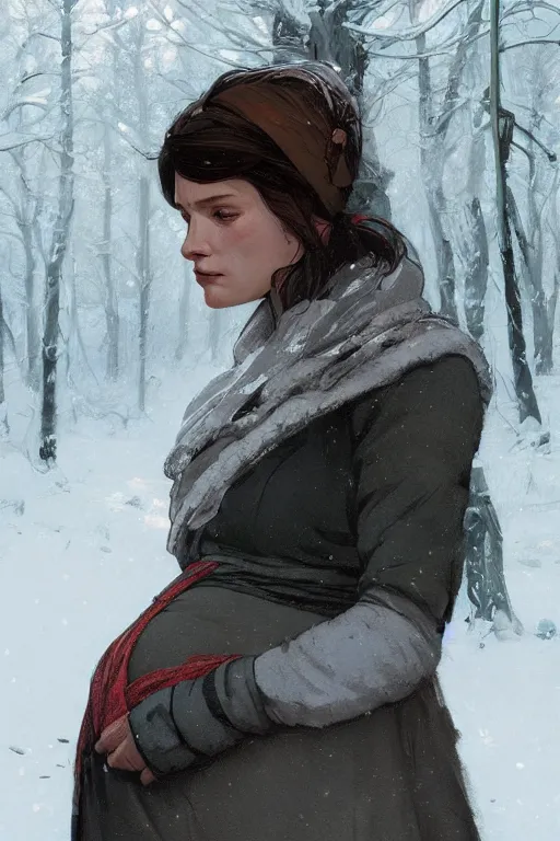 Image similar to portrait of a hungry and cold pregnant woman in the besieged Leningrad in winter, , digital painting, artstation, concept art, smooth, sharp focus, illustration, art by artgerm and greg rutkowski and alphonse mucha