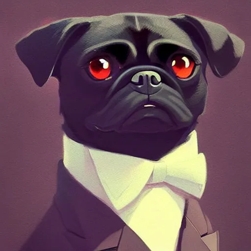 Prompt: a realistic portrait of anthropomorphized black pugalier dog wearing suit and tie, photographic realistic background, by atey ghailan, by greg rutkowski, by greg tocchini, by james gilleard, by joe fenton, by kaethe butcher, trending on instagram, award winning details