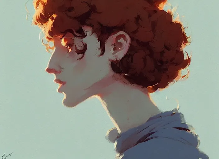 Prompt: portrait woman with short ginger curly hair in the crowd, by atey ghailan, by greg rutkowski, by greg tocchini, by james gilleard, by joe fenton, by kaethe butcher, by ashley wood, dynamic lighting, gradient light blue, brown, blonde cream and white color scheme, grunge aesthetic