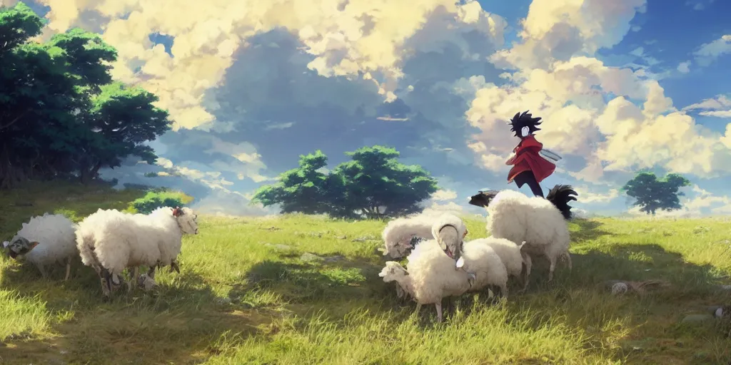 Image similar to border collie chasing sheep on feld nime key visual of luffy studio lit directed gaze, trending on pixiv fanbox, painted by greg rutkowski makoto shinkai takashi takeuchi studio ghibli