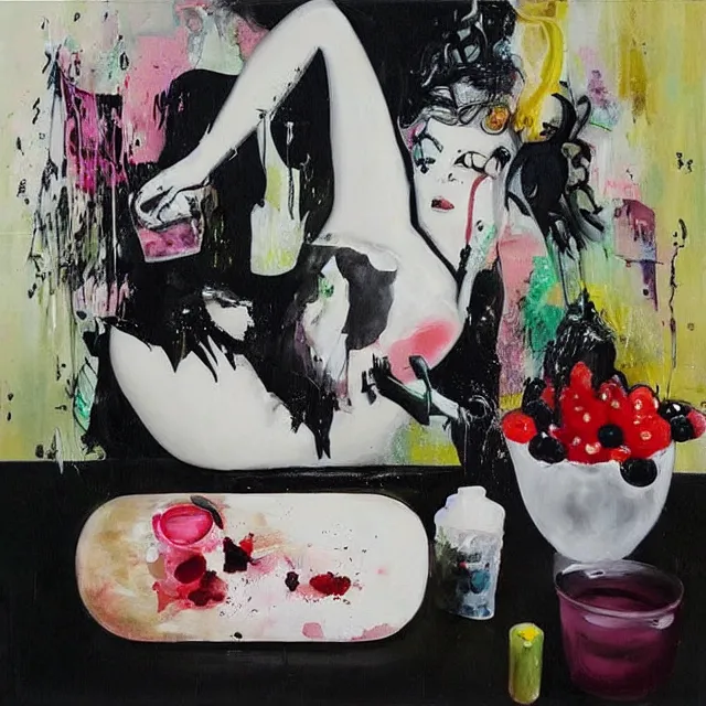 Image similar to “ a portrait in a female art student ’ s apartment, sensual, a pig theme, art supplies, paint tubes, ikebana, herbs, a candle dripping white wax, black walls, squashed berries, berry juice drips, acrylic and spray paint and oilstick on canvas, surrealism, neoexpressionism ”