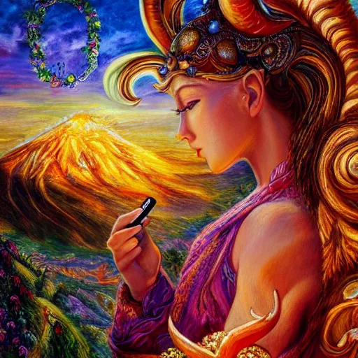 Prompt: detailed acrylic on canvas by josephine wall, horned ram goddess checking her cell phone, erupting volcano and sunset in distance, flowers in foreground, fantasy, trending on artstation, by senior concept artist, intricately detailed, high resolution, hdr, 8 k