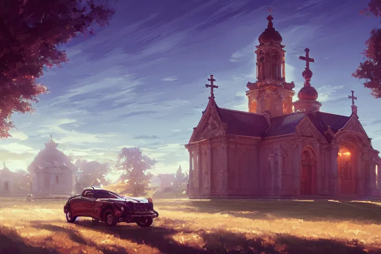 Image similar to a mobile driving ornate baroque church mounted on chaindrive, scene in an open field. key visual, conceptart, ambient lighting, highly detailed, digital painting, artstation, concept art, sharp focus, by makoto shinkai and akihiko yoshida and greg manchess