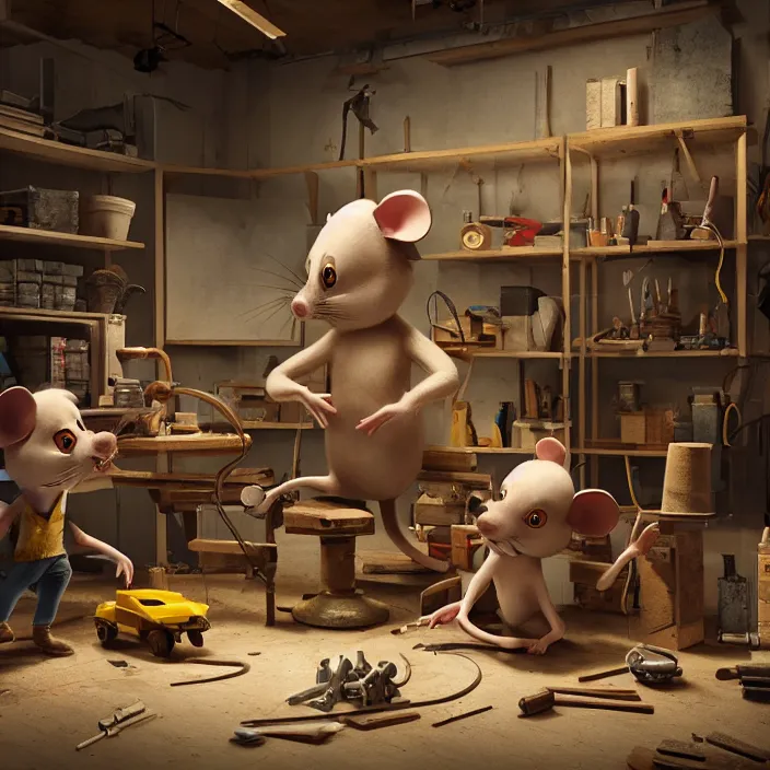 Image similar to crew of workers building giant mouse - movie prop - head in quaint workshop, octane render, 4 k ultra hd, hyper - detailed, realistic, seedy lighting, sharp focus, in style of beeple