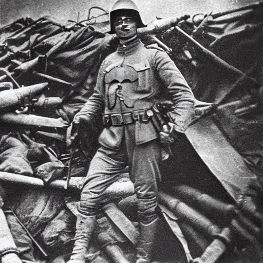 Prompt: world war i photo of batman in the trenches