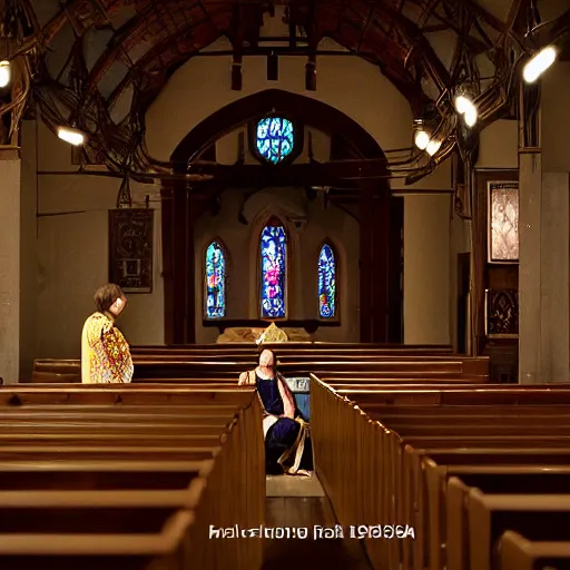 Image similar to Rosaria_(genshin_Impact) Sitting in a Church at night