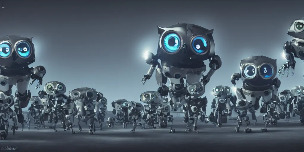 Prompt: an army of evil, malevolent, robot mechincal owls using computers. this 4 k hd image is trending on artstation, featured on behance, well - rendered, extra crisp, features intricate detail and the style of unreal engine. volumetric lighting