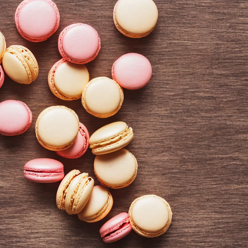 Image similar to 30-degree view of macarons on top of a wooden table, 4k, photorealistic