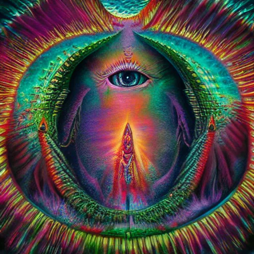 Prompt: dark fantasy, 4 k, textured 3 d, intense detail, dark psychedelic, one eye in center of hideous monster, amazing background, alex grey style