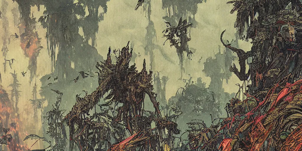 Prompt: a close - up grainy risograph, painting of a scene from the horizon zero dawn, machine monsters, dense forest, dragonflies, fire, fog by moebius and kim jung gi