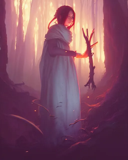 Image similar to highly detailed vfx portrait of a mage casting a wood spell, unreal engine, greg rutkowski, loish, rhads, beeple, makoto shinkai and lois van baarle, ilya kuvshinov, rossdraws, tom bagshaw, alphonse mucha, global illumination, detailed and intricate environment