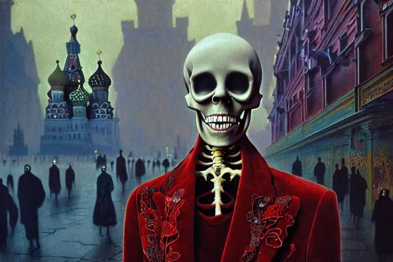 Image similar to realistic detailed photorealistic film portrait shot of a single skeleton wearing crimson velvet blazer in a crowded futuristic moscow street by Denis Villeneuve, Amano, Yves Tanguy, Alphonse Mucha, Ernst Haeckel, Andrei Tarkovsky, Edward Robert Hughes, Roger Dean, rich moody colours, wide angle, blue eyes