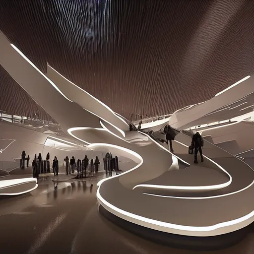 Image similar to a futuristic highly detailed temple to artificial intelligence designed by zaha hadid, humans pointing at a statue of an ai cyborg resembling athena, glowing lights, immersive experience, panoramic view, unreal engine