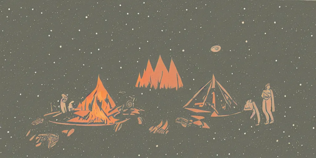 Prompt: a campfire under the stars with comets, 1940s faded risograph print, illustration, limited color palette, earthtones, double-exposure, astrophotography, claymation, sharp