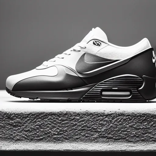 Image similar to a studio photoshoot of A Nike air max sneaker designed by Dieter Rams, Fear or God, realistic, color film photography by Tlyer Mitchell, 35 mm, graflex