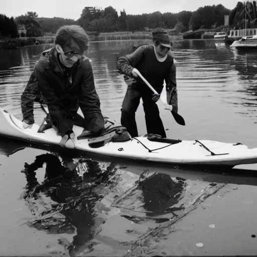 Image similar to mister rivers, johnny halliday and eddy barclay constructing a kayak in normandy, realistic, lomographie,