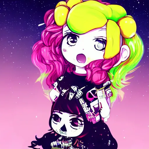 Prompt: pinup pose, portrait of a grungy skull anime and chibi very cute doll by super ss, cyberpunk fashion, nendoroid, kawaii, curly pink hair, night sky, looking up, swirly clouds, neon yellow stars, by wlop, james jean, victo ngai, muted colors, highly detailed
