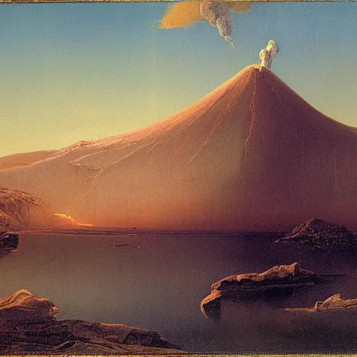 Image similar to tall crystal cliff with active volcano by william stanley haseltine