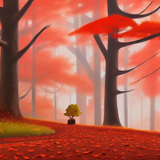 Image similar to goro fujita ilustration a forest full of leaves on the ground, tall autumn trees that let in small streaks of light to the ground, painting by goro fujita, sharp focus, highly detailed, artstation