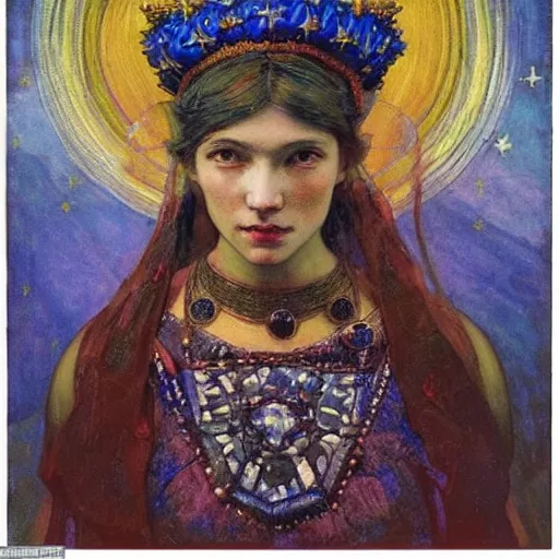 Image similar to the starry crown, by Annie Swynnerton and Nicholas Roerich, elaborate costume, rich color, dramatic cinematic lighting, smooth, sharp focus, extremely detailed